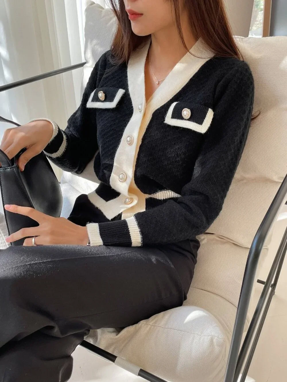 Black Casual Women's Colorblock Long Sleeve Button Design Cardigan